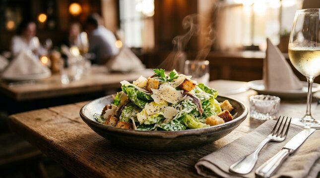Fresh Caesar salad with crisp romaine lettuce with crunchy croutons