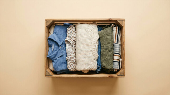 Folded clothes arranged neatly in a wooden box on a beige background  