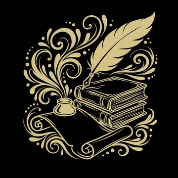 Vintage Feather Quill Pen, Inkwell, and Stack of Old Books with Elegant Floral Flourishes Line Art Illustration 