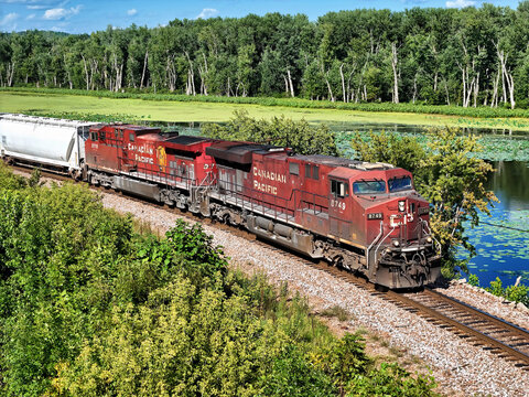 Savanna, Illinois August 17, 2026 Canadian Pacific 8749 Locomotive &mdash; GE ES44AC Freight Engine on Midwest Mainline track
