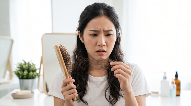 Shocked young Asian woman looking at a clump of fallen hair in her hand and hairbrush, concerned about excessive hair loss, thinning hair and scalp health.