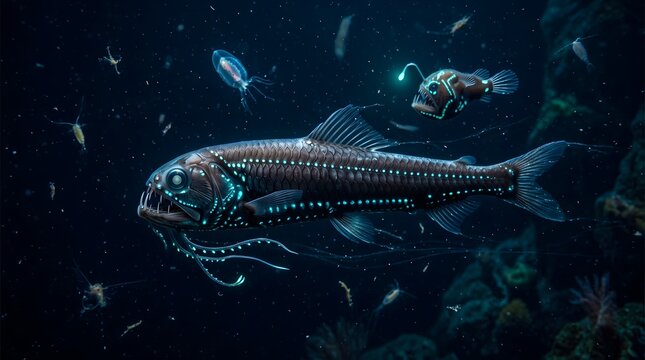 Bioluminescent viperfish and anglerfish swimming in deep ocean water