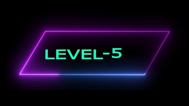 Glowing neon Level-    5  text animation on black background. Game concept next level. Level Up text in the neon frame . Neon level up text animation .4k animation video.