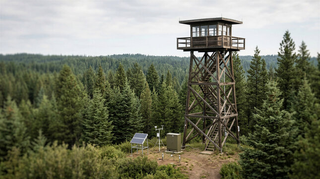 Forest fire lookout tower surrounded by evergreen trees and nature  