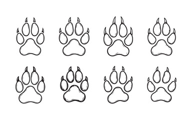 Obraz premium Set of eight hand drawn animal paw prints with claws outline sketches for sticker design.