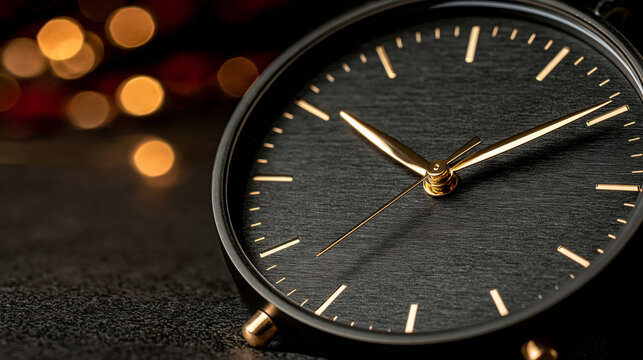 Dark clock face with gold hands and markers. Soft bokeh lights glow in the background. Minimalist design highlights time's passage. Ideal for themes of urgency or reflection