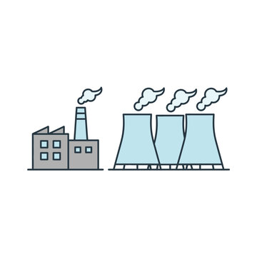Flat vector illustration of a nuclear power plant with three cooling towers and a factory building emitting steam on a white background