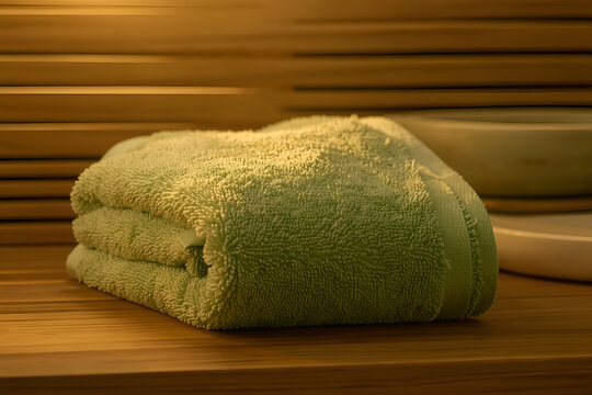 Folded spa towel with river-stone weight on minimalist wooden shelf
