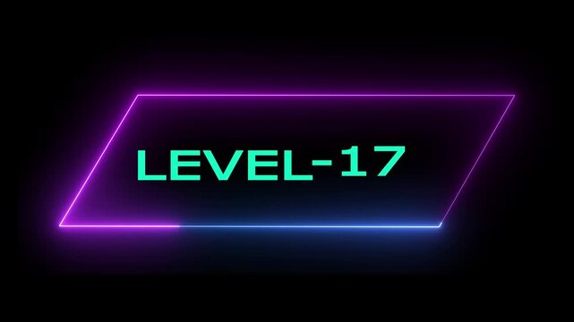 Glowing neon Level-   17 text animation on black background. Game concept next level. Level Up text in the neon frame . Neon level up text animation .4k animation video.