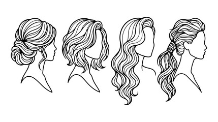 Fototapeta premium Hair Style Silhouette Set, Highly Thick Continuous Line Fashion CAD Technical Vector Artwork