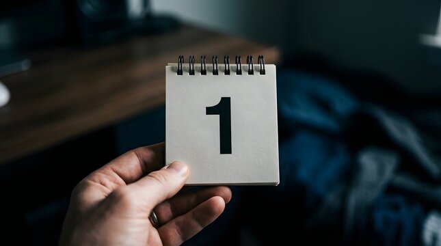 Hand holding a calendar page showing the number one new year concept