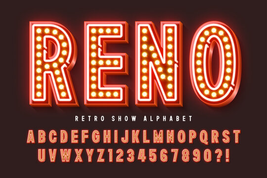 Retro show alphabet design, broadway style, circus, fairy LED lamps letters and numbers.