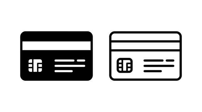 Black and white credit card vector icons set representing financial payment methods and electronic money