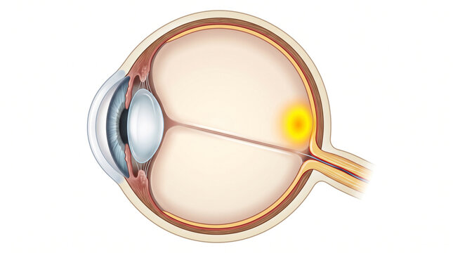 Anatomical illustration of a human eye crosssection highlighting the macula and fovea on the retina