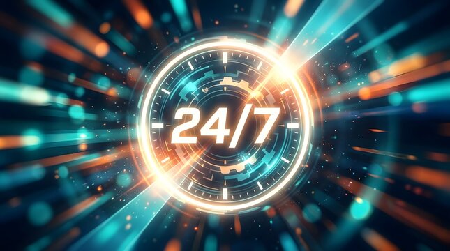 Abstract digital clock face displaying twenty four seven with vibrant light trails