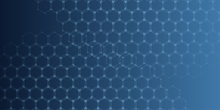 Abstract hexagonal molecular structure background with a deep blue gradient, representing science and technology.