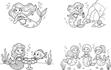 Fototapeta premium Cute Mermaid Coloring Pages Collection with Mermaid Friends and Underwater Adventures