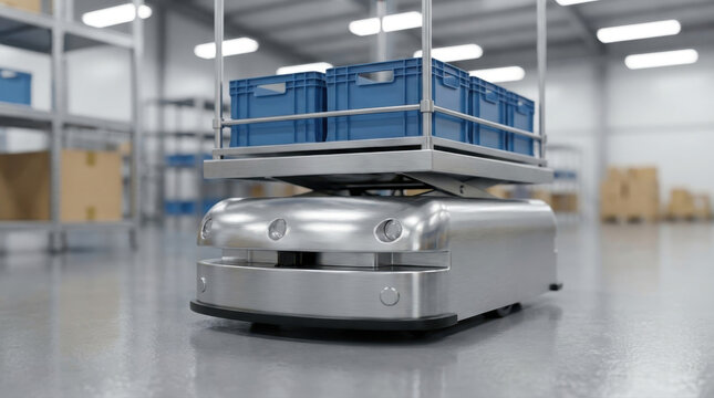 Autonomous mobile robot transporting blue crates in a modern warehouse