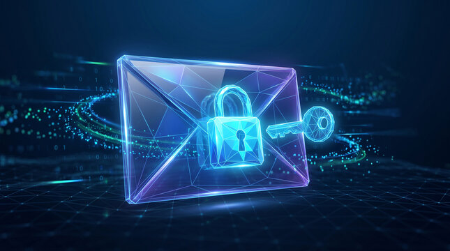 Digital secure email concept with a glowing lowpoly envelope, padlock, and key, representing encrypted communication and data privacy protection