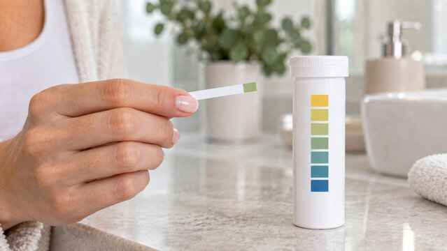 Woman Checking Vaginal pH Test Strip for At-Home Intimate Health Self Diagnosis