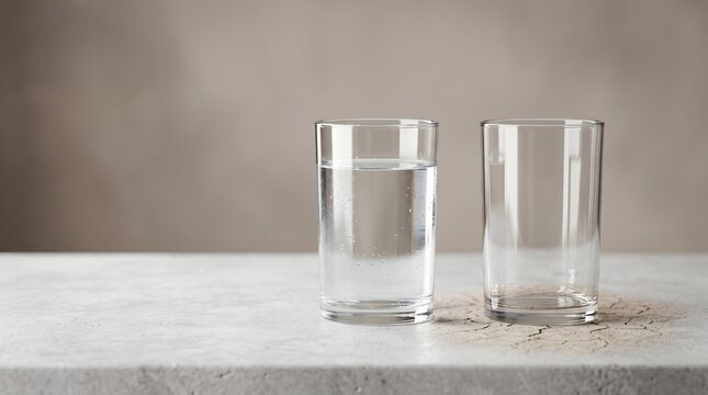 Full and empty water glasses on a textured surface