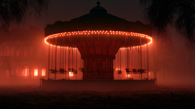 Halloween wallpaper, haunted carousel frozen in the moonlight in an abandoned mansion, haunting orange glow, deep red and black tones, 3D render style, soft eerie fog effect