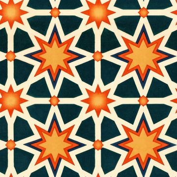 Vintage Ethnic Seamless Pattern With Orange Navy Symmetrical Star Shapes