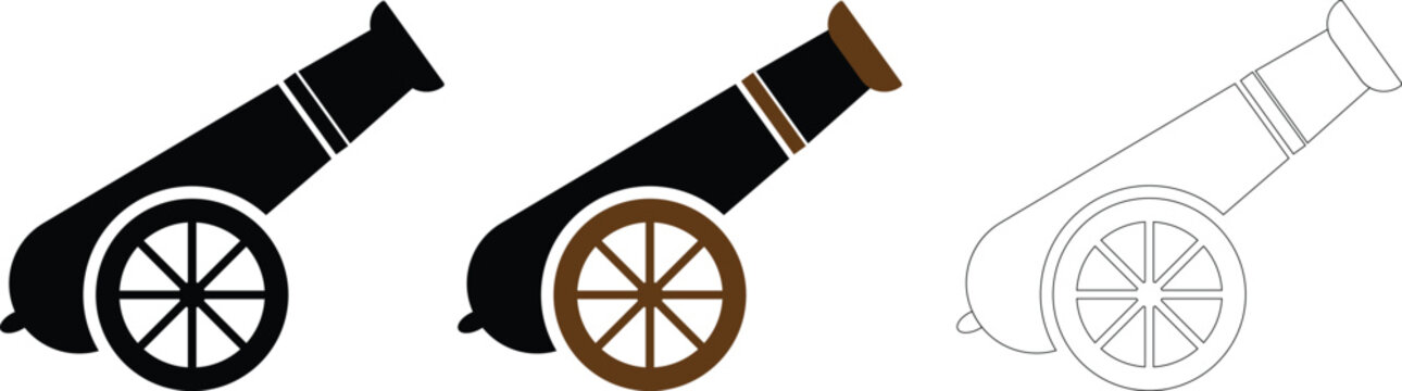 Vintage cannon vector icon set featuring flat silhouette and linear outline artillery weapons for historical graphic design
