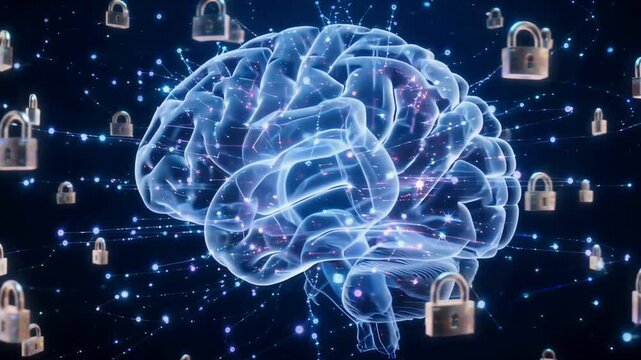 Human brain glowing with neural connections protected by digital security padlocks in this motion video clip