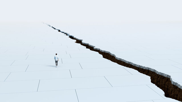 Man facing massive earthquake crack running across ground blocking path to other side, barrier, division and uncrossable obstacle concept, 3d render