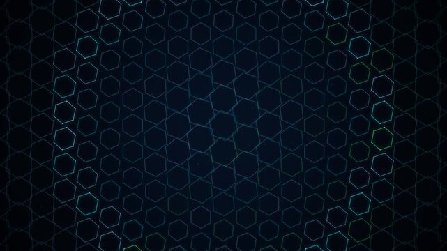 Abstract Hexagonal Grid Animation with Glowing Blue Geometric Pattern and Dark Background