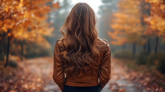 Photo of a woman with long brown hair wearing a leather jacket, standing on a path surrounded by autumn trees