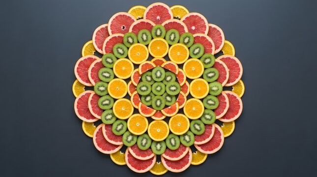 Citrus fruit mandala pattern featuring sliced grapefruit orange and kiwi on grey background.