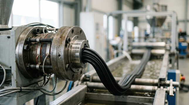 Industrial extrusion machine processing rubber profiles in factory