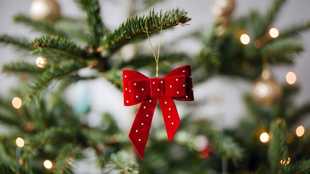 Beautiful festive Christmas tree and holiday season decorations stunningly illuminated
