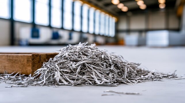 Pile of shiny aluminum scrap on factory floor - sustainable metal recycling process