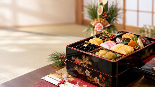 Traditional Japanese Osechi New Year Feast with Kadomatsu.