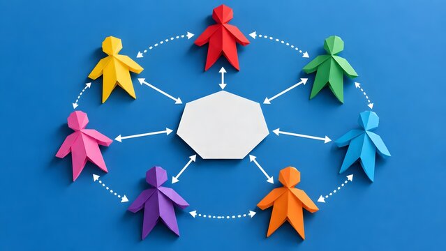 Colorful origami paper figures connected to central blank polygon representing internal team communication
