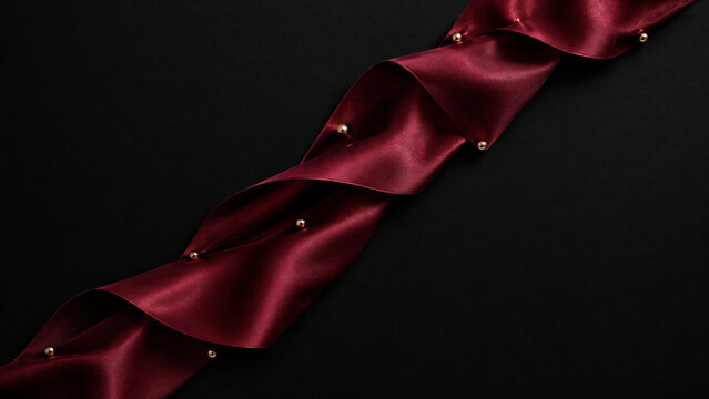 Burgundy silk ribbon with gold beads on black background, elegant maroon satin fabric swirl, luxury textile border for holiday invitations and gift wrapping
