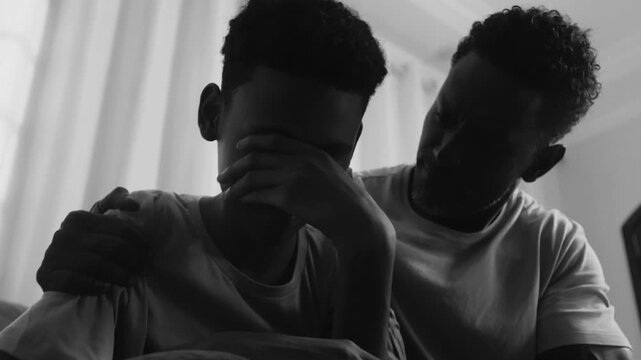 Teenage son covering face in monochromatic scene while father offers comfort, emotional moment of support, sadness, and empathy in family relationship
