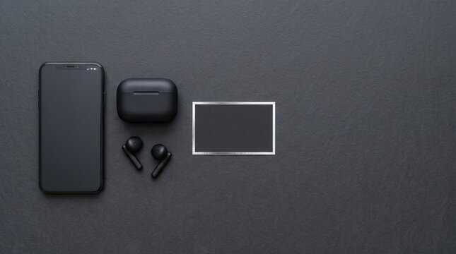 Black smartphone, wireless earbuds with charging case, and blank card mockup on dark textured background with top view flat lay composition and copy space