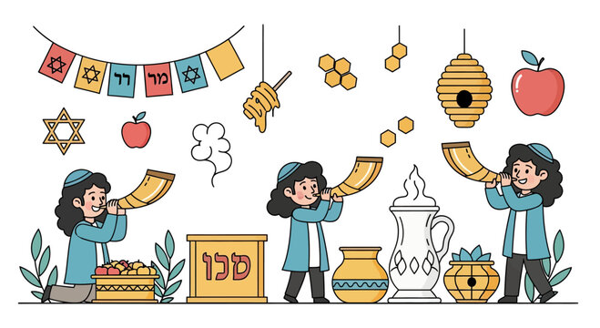 Jewish children celebrating Rosh Hashanah with traditional symbols.
