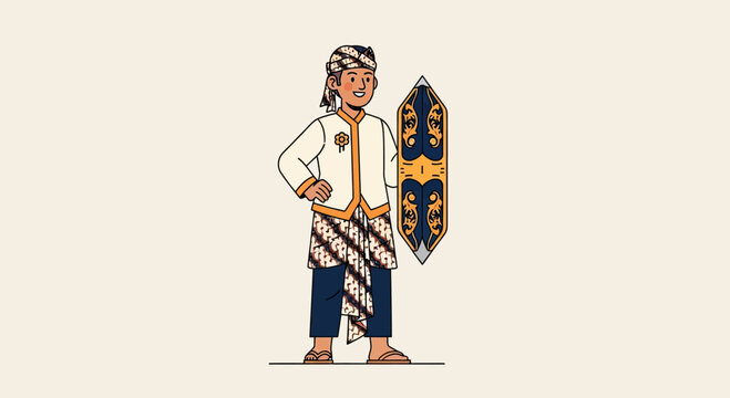 Indonesian warrior dancer in traditional batik costume.