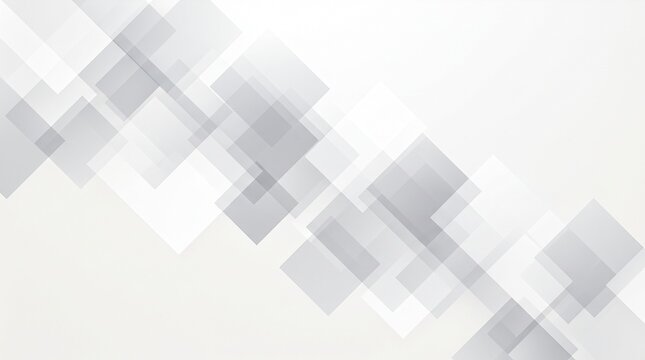 Abstract geometric background with overlapping translucent squares in white and grey tones with copy space