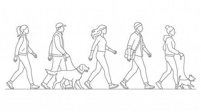 Group of diverse people walking with dogs in a minimalist line art style