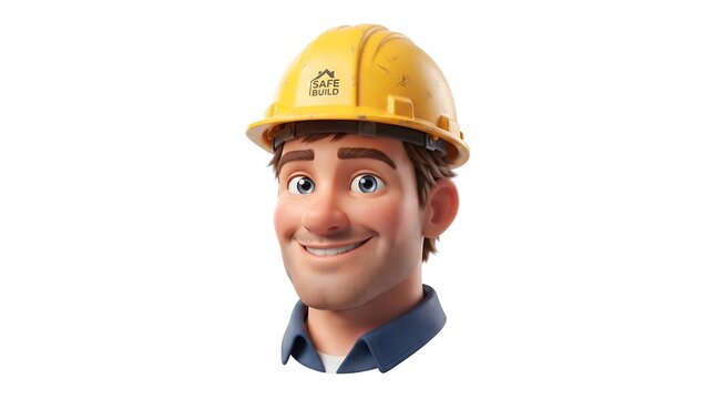 Friendly cartoon builder character wearing a yellow construction hat