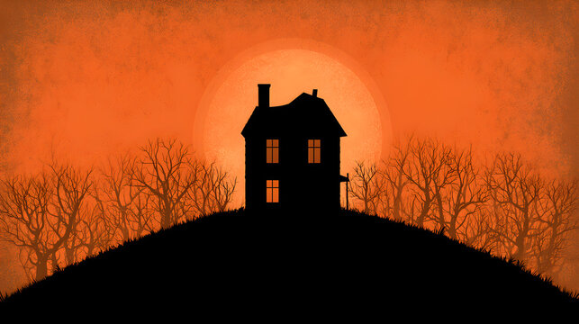 Halloween wallpaper, haunted house on a hill beneath a canopy of dead trees, spooky moonlit glow, rustic burnt orange and black palette, minimalist flat design style, perfect for desktop wallpaper