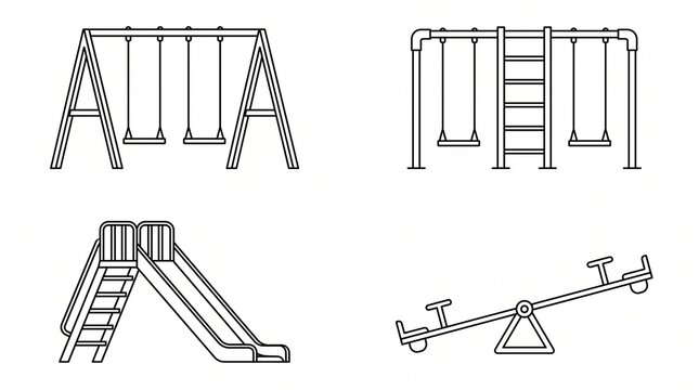 Set of playground equipment line art icons on a white background