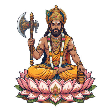 Hindu deity Parashurama seated in lotus with axe and prayer beads during spiritual meditation concept