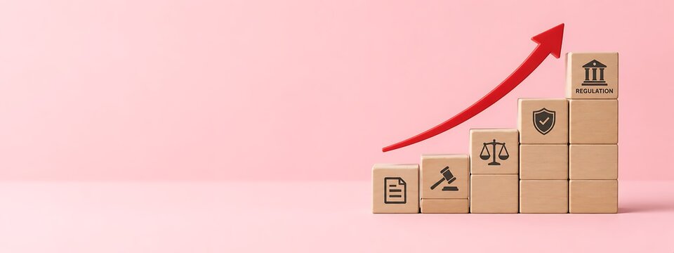 Regulation growth concept with wooden blocks showing legal compliance, law symbols, and a rising red arrow on a pink background